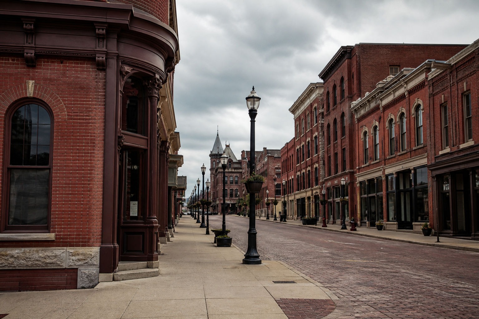A historic Midwestern brick downtown street with limestone sidewalks.